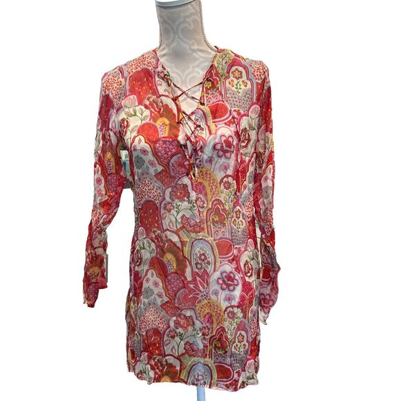 Manuel Canovas Womens Long Sleeve V Neck Floral Shift Dress 100% Silk 8 10 - Picture 1 of 16